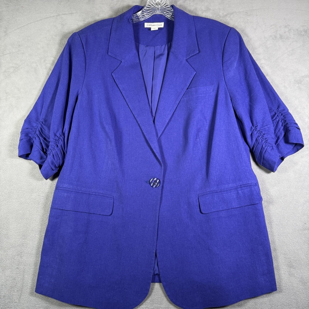 Coldwater Creek Blazer Jacket Women 16 Blue Linen Blend 1/2 Sleeve Ruched Office